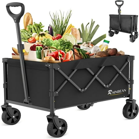 RAINBEAN Collapsible Wagon Cart Foldable Heavy Duty Folding Wagon Large Capacity Shopping Cart Utility for Camping Garden Beach Sports Fishing