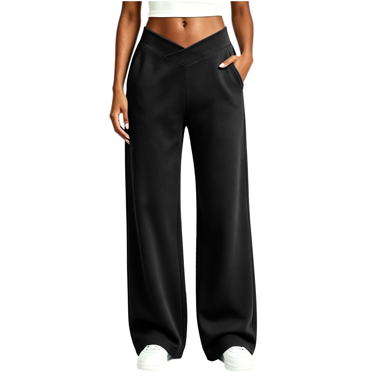 Yoga Pants for Women Elastic Waist Stretchy Loose Fitted Athletic Casual Workout Full Length Pants with Pockets(L Black)