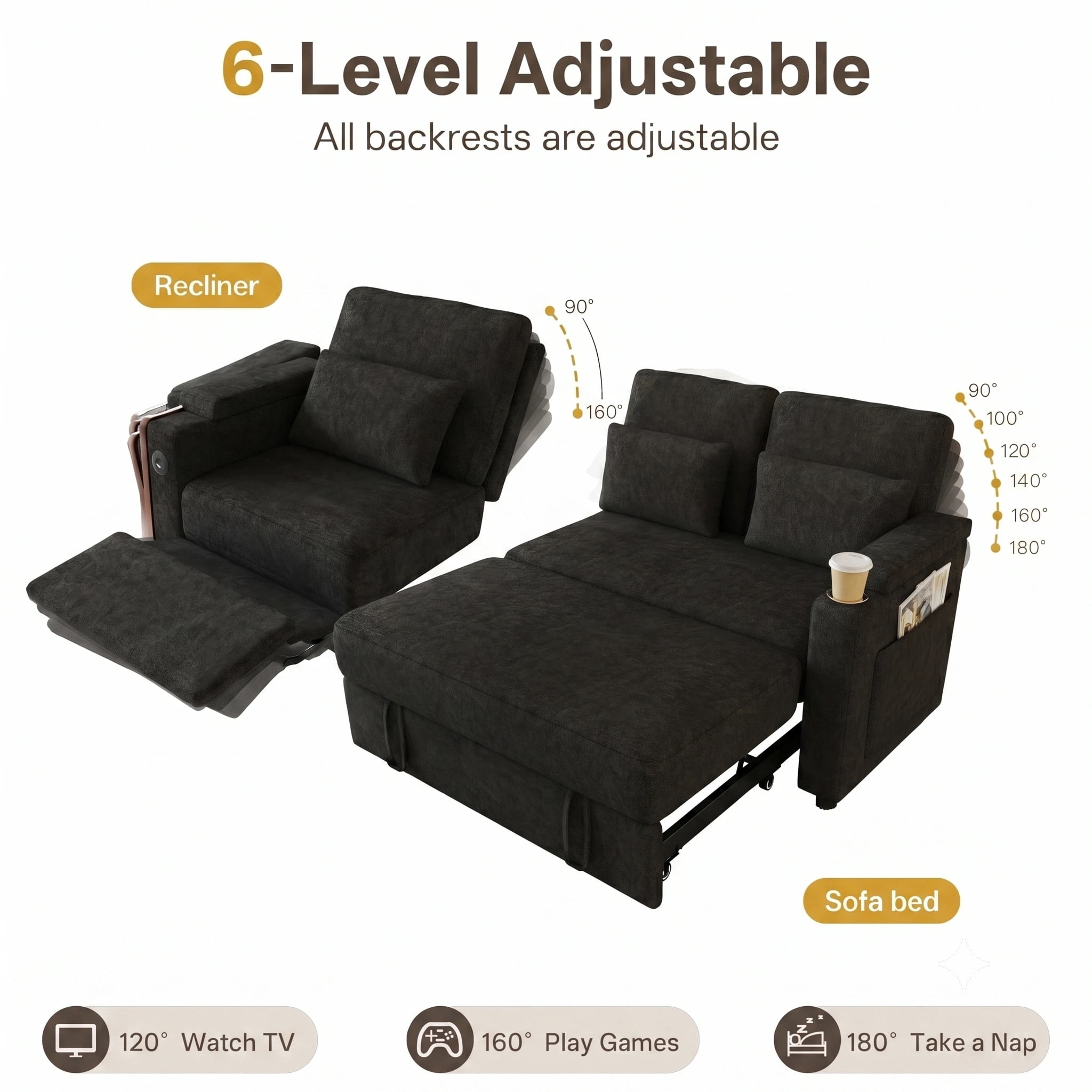 AISWORD 83" 3-in-1 Convertible Pull Out Sofa Bed, 6 Position Adjustable Sleeper Couch with USB Ports, Laptop Table, Cup Holders & Side Storage Pockets, Black
