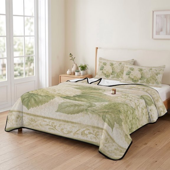 Green White Hydrangea 3 Pieces Quilt Set,1 Quilt with 2 Shams,Retro Farm Floral Art Bedspread Soft Lightweight Bedding Coverlet Comforter Set for All Season 90"x96"