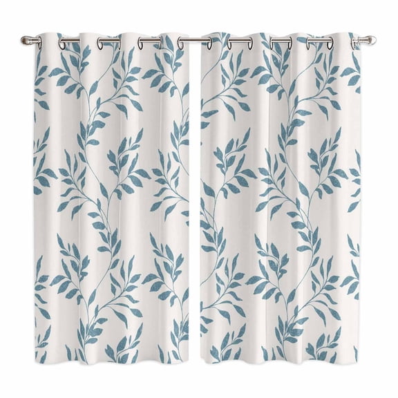 Blue Leaves Kitchen Curtains Window Panels, Modern Minimalist Leaf Botanical Vintage Insulated Window Treatment Curtain, Grommet Curtains for Bedroom/Living Room/Bathroom, 2 Piece 52"Wx84"L