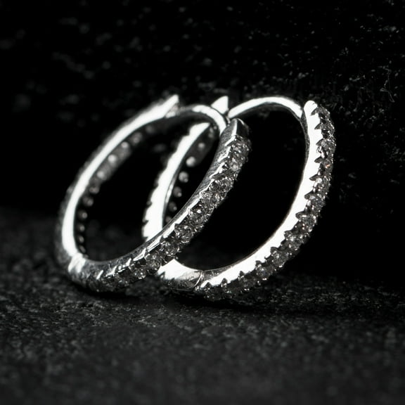 Small Iced Cz White Gold Plated 925 Sterling Silver Thin Unisex Hoop Earrings