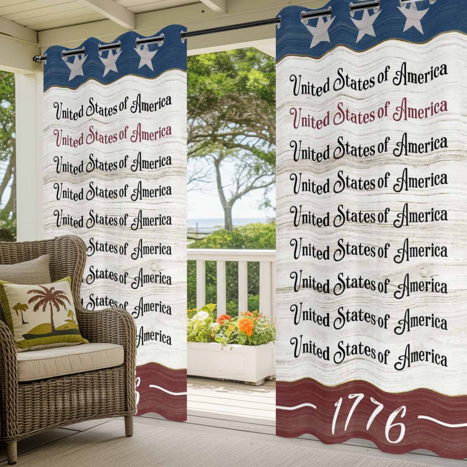 United States Outdoor Curtains for Patio, Red Blue Independence Day Stars Vintage Wood Grain Sunshade Privacy Drapes Grommet Waterproof Outside Curtains for Porch/Cabana/Balcony 54"x 108", 1 Panel