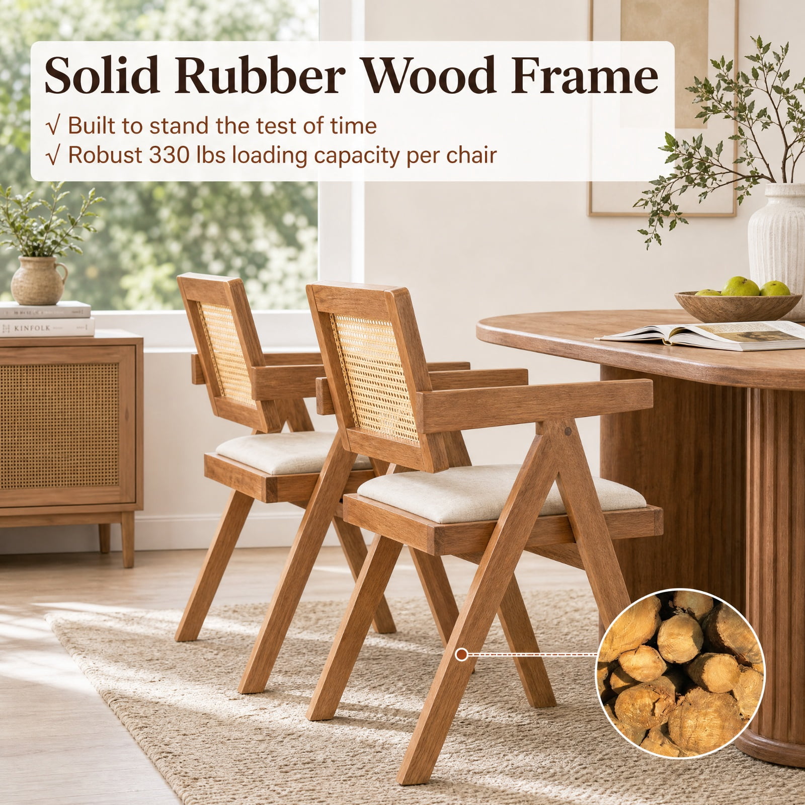 Furnibear Set of 2 Rattan Accent Chairs with Padded Cushion and Rubber Wood Frame for Dining Room Kitchen and Living Room, Beige