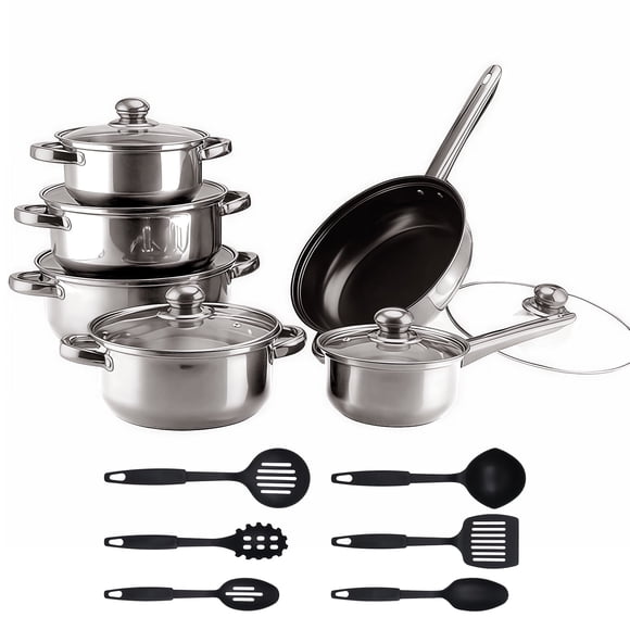 Juego de 18 Piezas de Ollas y Sartenes, Juego de Utensilios de Cocina Antiadherentes con Asas y Sartenes, Apto para Horno y Lavavajillas, Compatible con Inducción, Juego de Cocina Apilable para RV, P