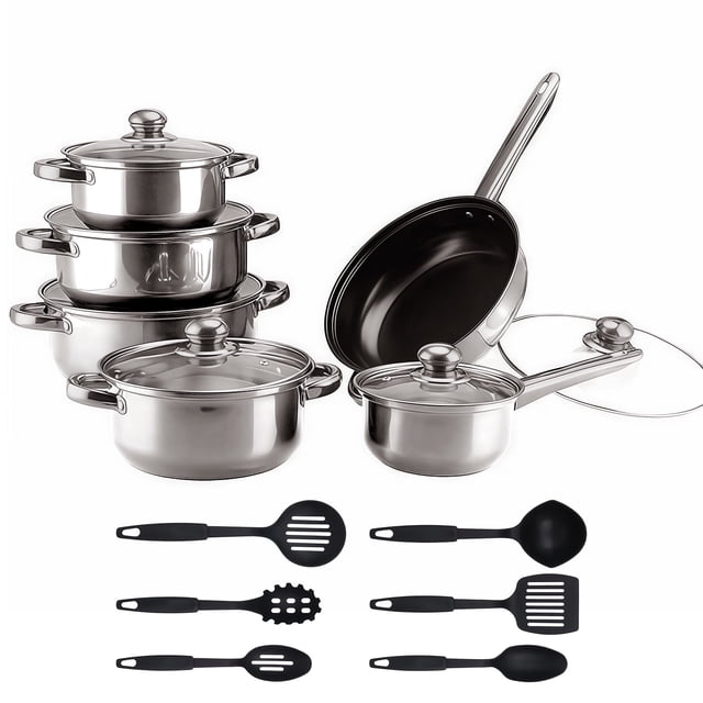 Juego de 18 Piezas de Ollas y Sartenes, Juego de Utensilios de Cocina Antiadherentes con Asas y Sartenes, Apto para Horno y Lavavajillas, Compatible con Inducción, Juego de Cocina Apilable para RV, P