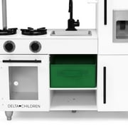 Delta Children Deluxe Modern Kitchen - Wooden Toy Kitchen Playset with Realistic Knobs that Turn/Click, Oven, Sink and Fridge/Freezer with Ice Maker, White