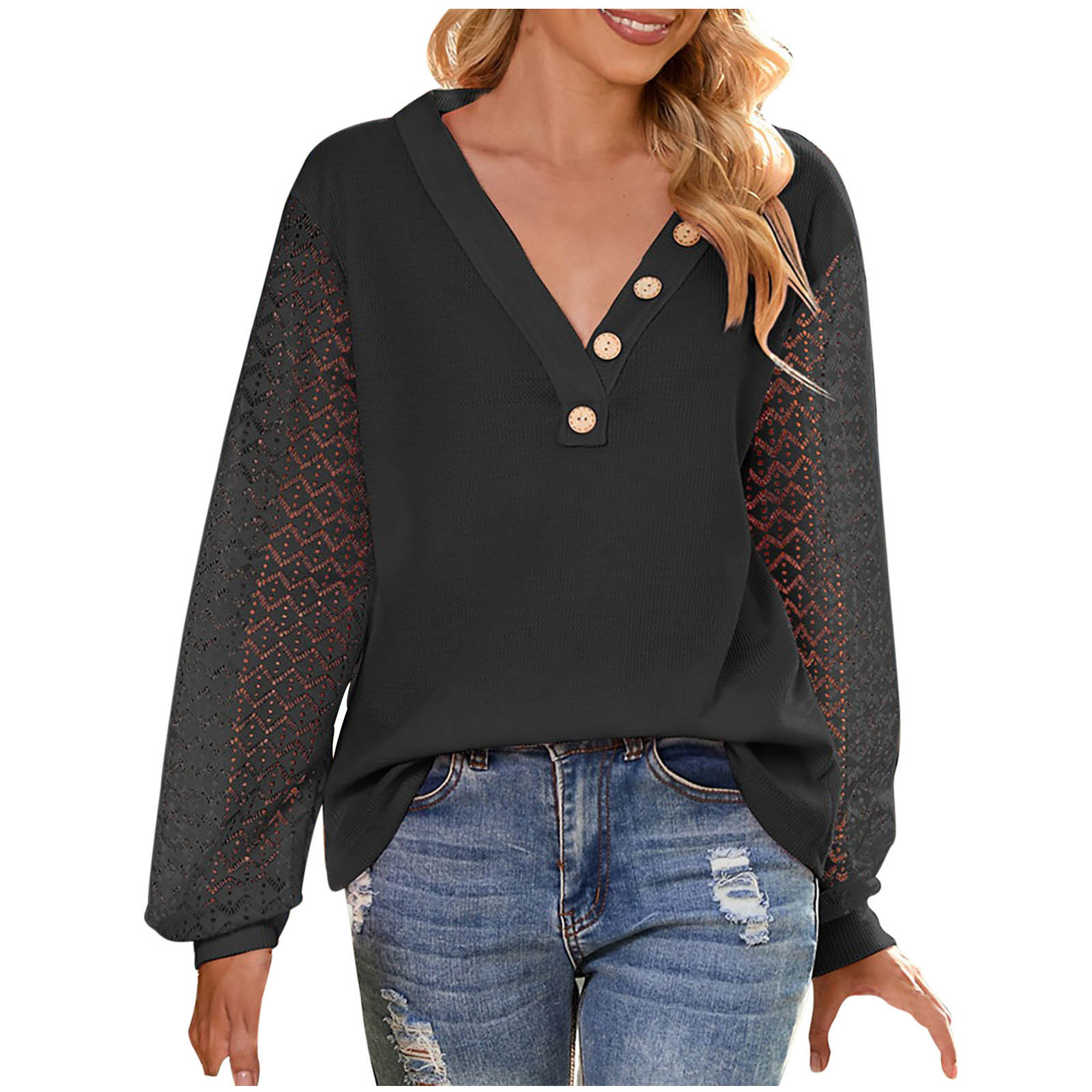 Hfyihgf Women's Long Sleeve Tops Lace Sleeve Buttons V Neck Tunic