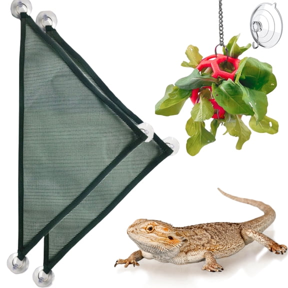 Bearded Dragon Hammock Enrichment Kit with Veggie Feeder Ball, Lizard Lounger Bed and Hanging Salad Toy, Reptile Tank Accessories