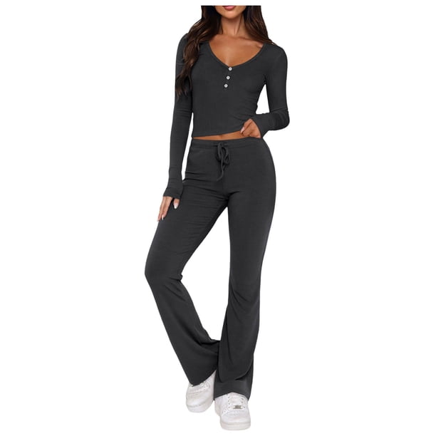 Conjunto de 2 piezas de manga larga para mujer: top con cuello en V y pantalones anchos, poliéster y spandex, tallas S-XL