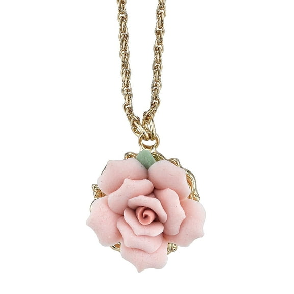 1928 Jewelry Genuine Pink Porcelain Rose Pendant Necklace For Women 16" 3" Extender