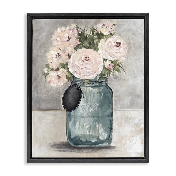 Stupell Industries Cottage Round Pink Blossoms Rustic Country Jar Vase Black Floating Frame Canvas Art, 17 x 21, by Julie Norkus