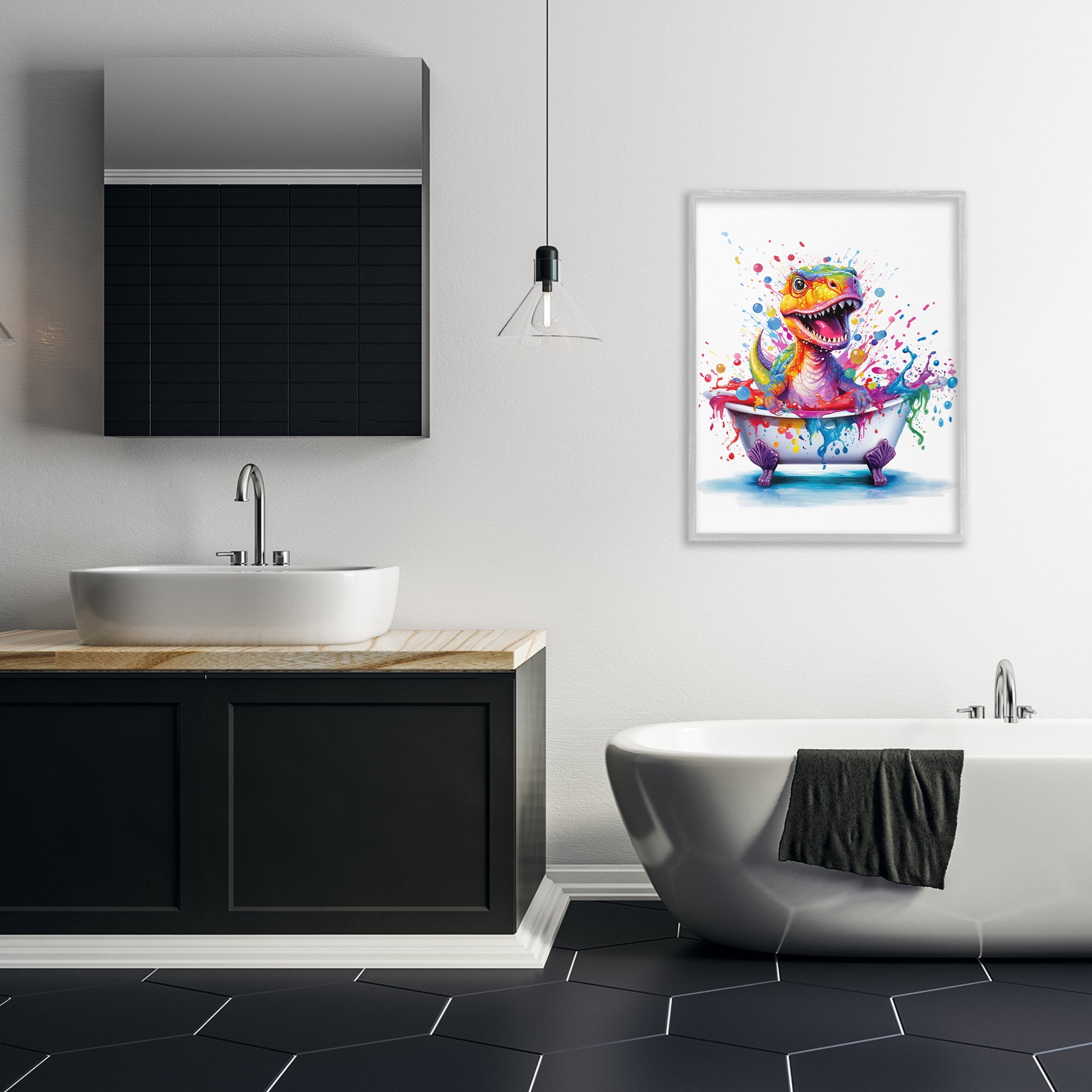 Stupell Industries Modern Splatter Dino Typography Painting Gray Framed Art Print Wall Art, 24 x 30