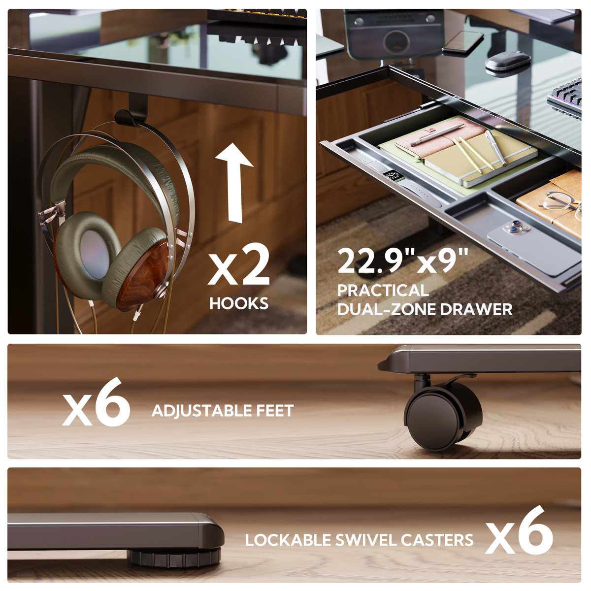 Innovar 63" Dual Motor L-Shaped Standing Desk,Wireless Charging Adjustable Height Glass Standing Desk, Electric Sit to Stand up Tempered Glass Top Desk W/ Memory Presets for Office Home Black