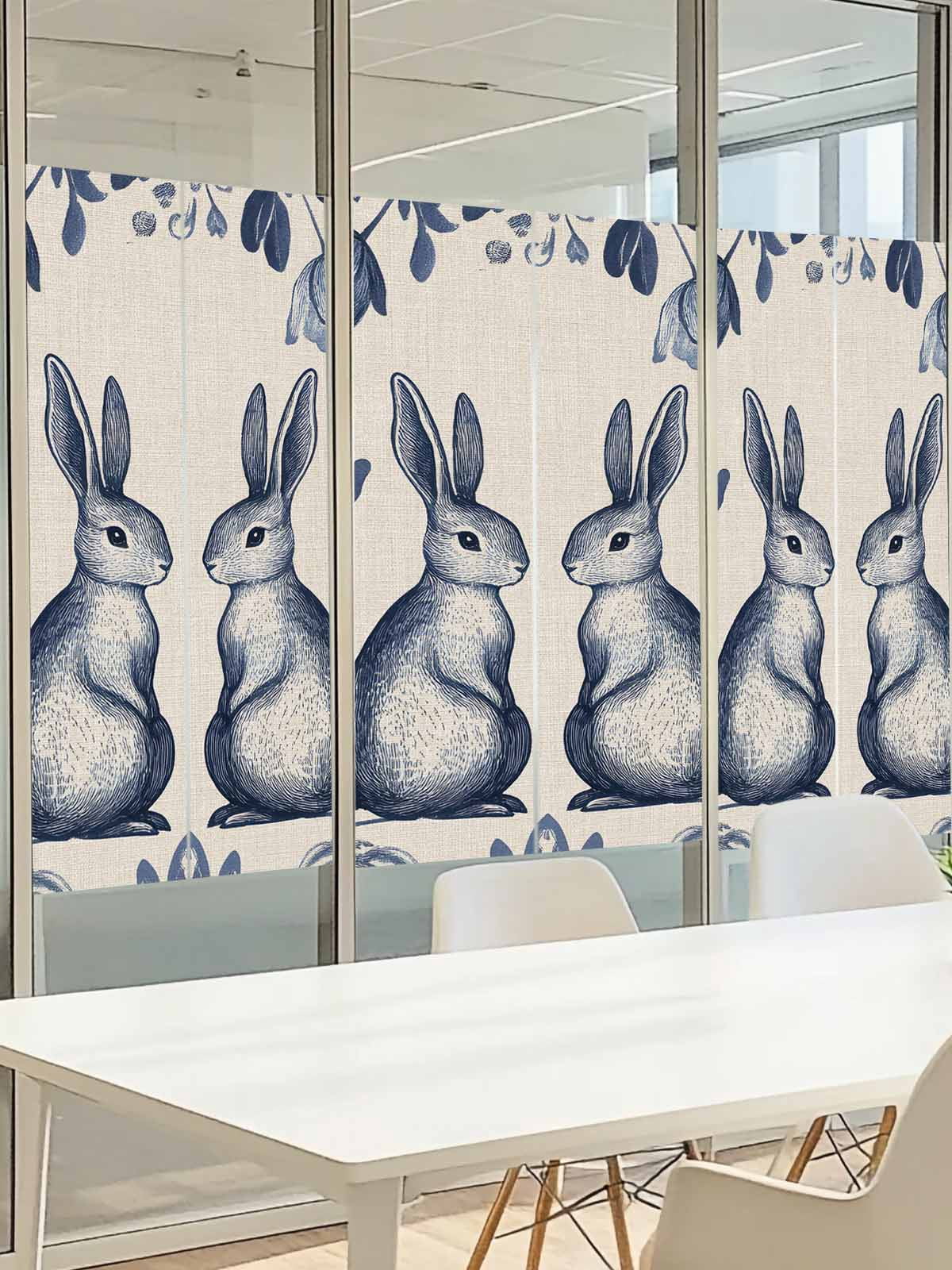 Easter Rabbits Window Privacy Film, Cute Blue Bunny Watercolor Boho Floral Leaf Linen Texture Frosted Glass Window Clings Static Cling UV Heat Blocking Reusable Sticker for Bedroom 29.5x78.7 Inch