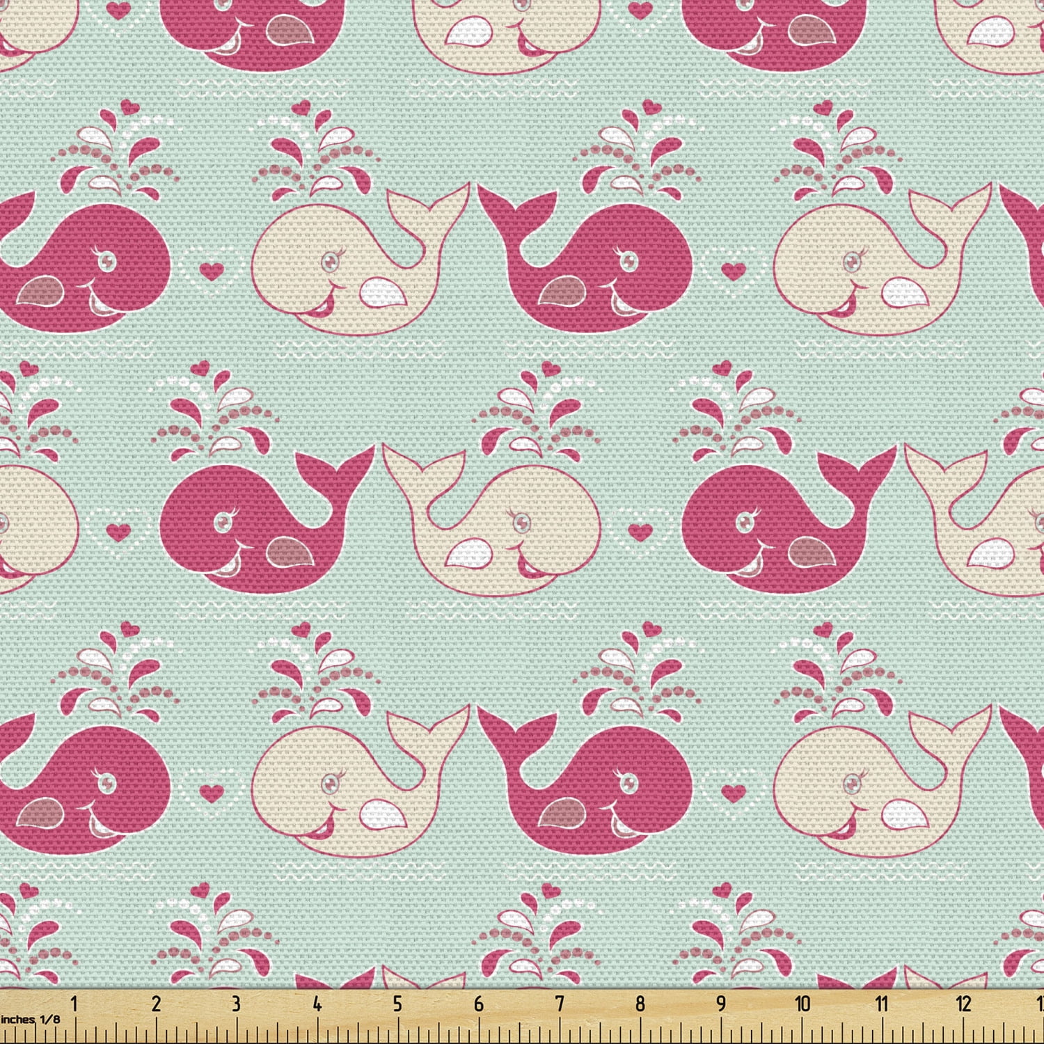 Whale Fabric by the Yard Upholstery, Happy Cheerful Whales Pattern in
