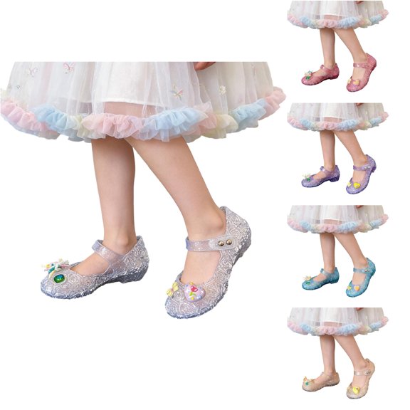 Gyujnb Girls Glitter Jelly Sandals Low Heel Adjustable Strap Water Friendly for Parties & Summer,5.5-6 Years