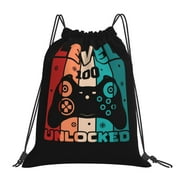 TEQUAN Drawstring Backpack Sports Gym Sackpack, Game Controller Level Unlocked Prints Polyester Water Resistant String Bag for Women Men