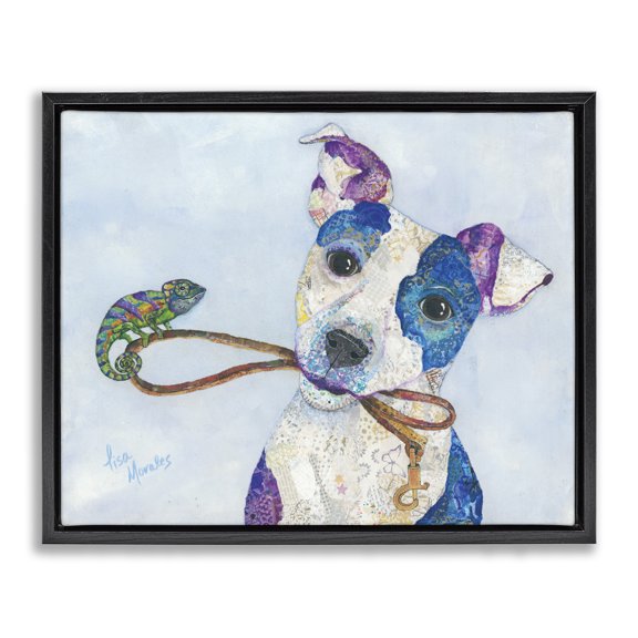 Stupell Industries Eclectic Jack & Chameleon Smiling Dog Portrait Collage Black Floating Frame Canvas Art, 21 x 17, by Lisa Morales