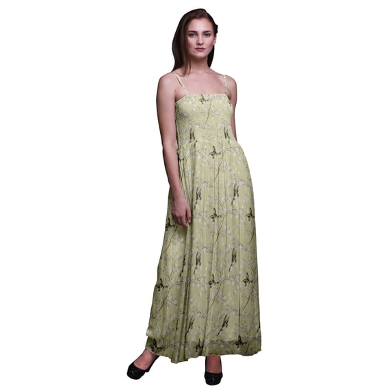 Bimba Blossom & Goldfinch Bird Print Women Smocked Bodice Beach Sun Dress-Large