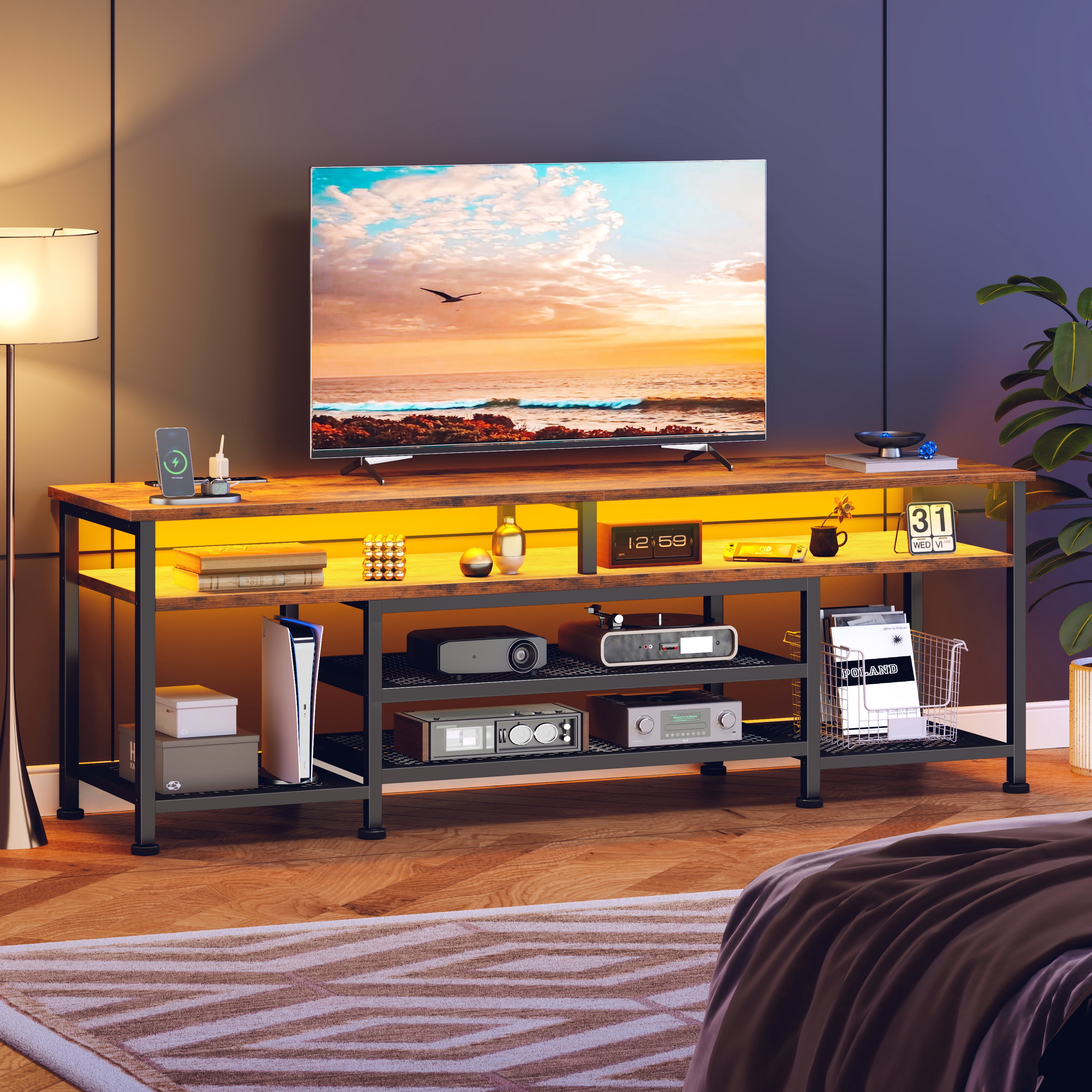 Tydimor Modern TV Stand for 75-80 inch TV, Media Console with Storage for Living Room, LED Entertainment Center with Outlets, Rustic Brown