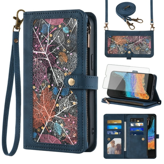 Asuwish Phone Case for Samsung Galaxy XCover 6 Pro/X Cover Pro 2 Wallet Cover With Tempered Glass Screen Protector Crossbody Wrist Strap Flip Pattern Zipper Card Holder Cell XCover6 6Pro 2022 Blue