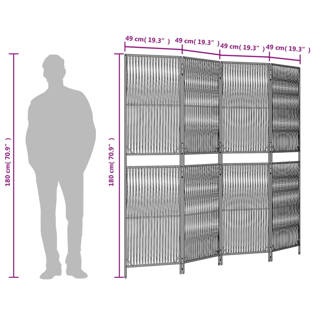 vidaXL Room Divider Modern 4 Panels Gray Poly Rattan 70.9 in H x 77.2 in