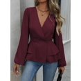 thumbnail image 4 of Women Dressy Long Sleeve Blouses,Wrap Peplum Work Shirts V Neck Business Tops Elegant Fall Outfits Wine Red M, 4 of 9