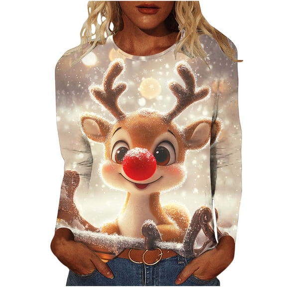 Christmas Tops for Women Holiday Reindeer Print Top Long Sleeve Round Neck T-Shirt Christmas Season Casual Wear Blouse My Items