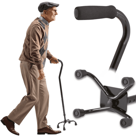 Medline Quad Walking Cane with Small Base, 29-In to 38-In Adjustable Height, 300 lb Weight Capacity, Aluminum, Black