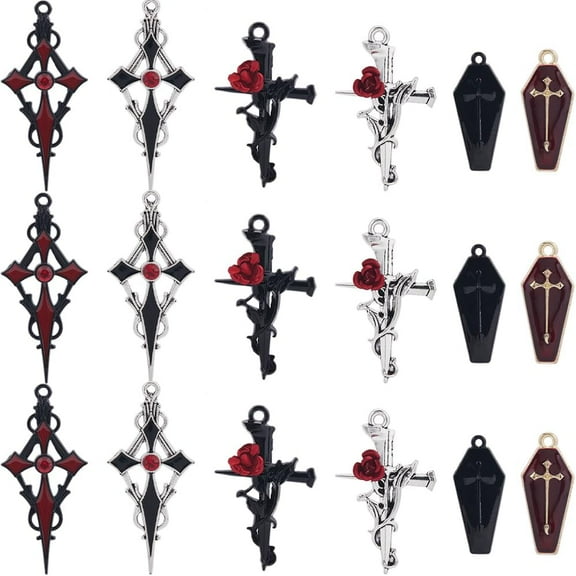 1 Box 24Pcs 6 Styles Flower Crucifix Charm Red Cross Charms Bulk Metal Brass Enamel Rhinestone Gothic Black Rose Crosses Charm for Jewelry Making Charms Necklace Earrings DIY Craft