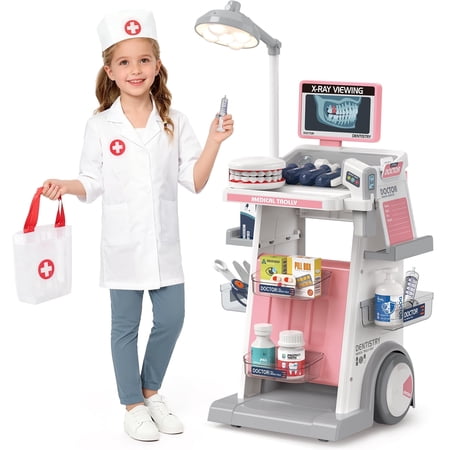 Doctor Kit For Kids - Dental Pretend Play Medical Carts Set with Doctor Cloth/Hat/Bag, Mobile Dental Pretend Play Set Toy For Boys & Girls Ages 3-8