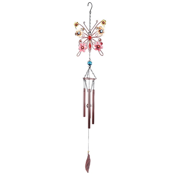 Campana de viento estilo europeo con mariposas de metal, pintura antióxido, decoración duradera para hogar, fácil instalación con gancho en S, diseño vibrante con gemas de vidrio y flores de acrílico.