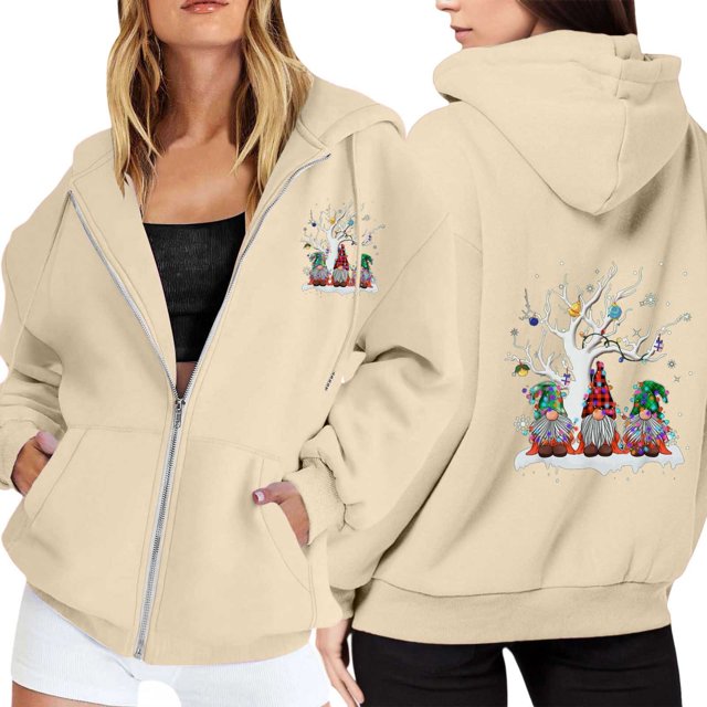 WILLBEST Sudadera Deportiva para Mujer Ladies' Christmas Printed Zipper Long Sleeved Pocket Adjuststring Casual Hooded Sweatshirt 1731 X-Grande