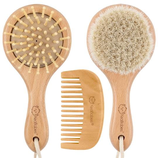KeaBabies Baby Hair Brush and Comb Set, Newborn, Infant Grooming Kits (Walnut, Round)