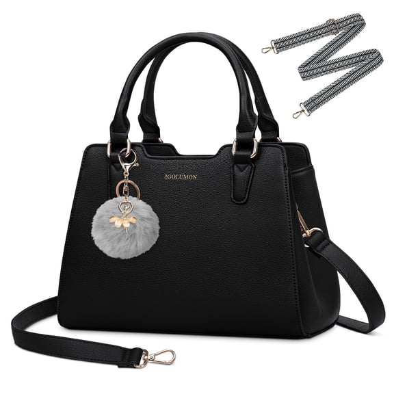 Women's Top Handle Handbag Classic Small Crossbody Bag Leather Tote Purse with Cute Pompom Designer Hobo Purse, Black