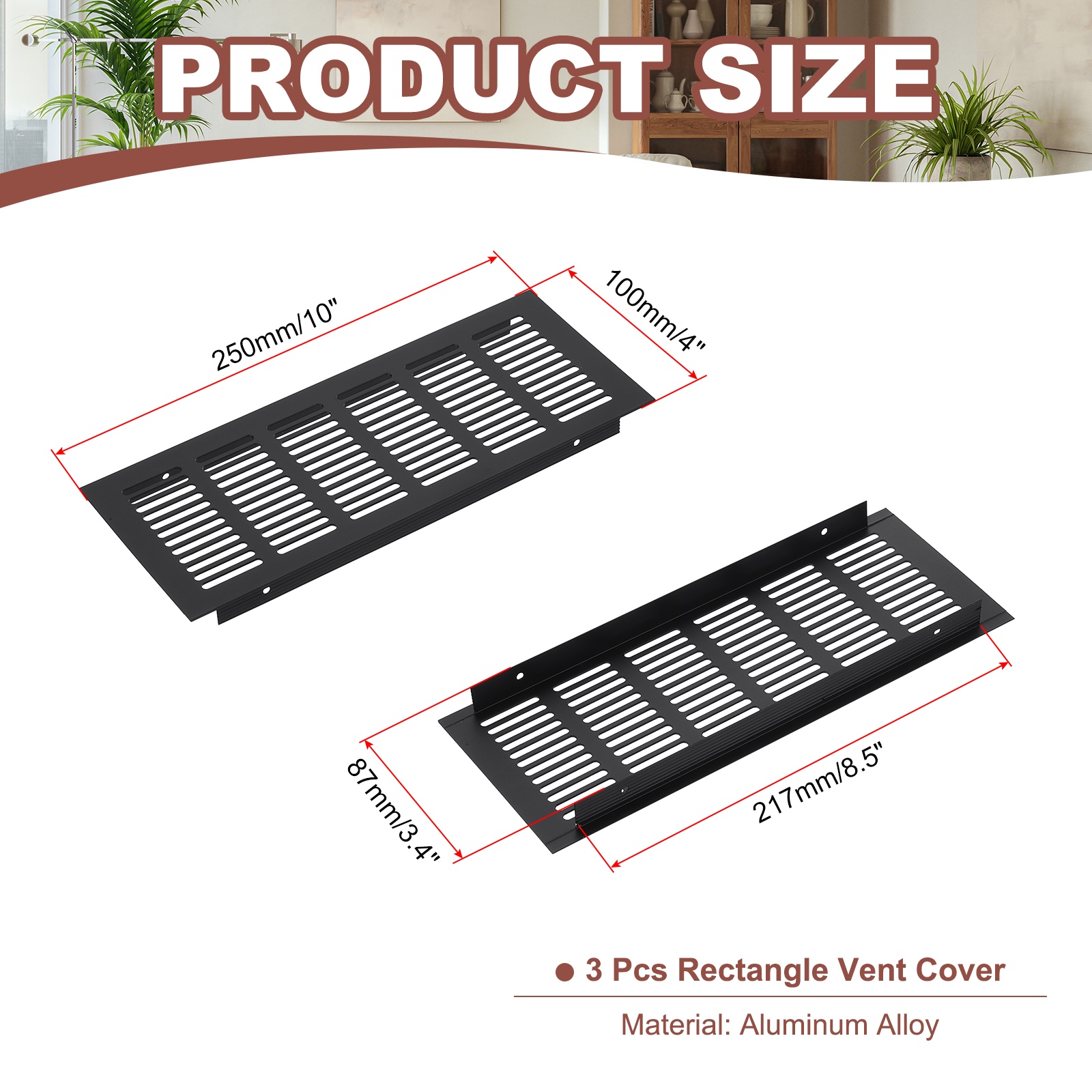 Uxcell 10 x 4" Rectangle Ventilation Grille 3Pcs Aluminum Air Vent Cover Black