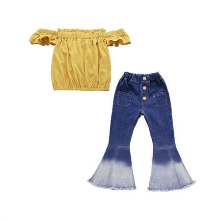 

Children Wear Girl Gradient Bell Bottoms Denim Jeans High Waist Splicing Buttons Pants For Girl Kids Pants Set