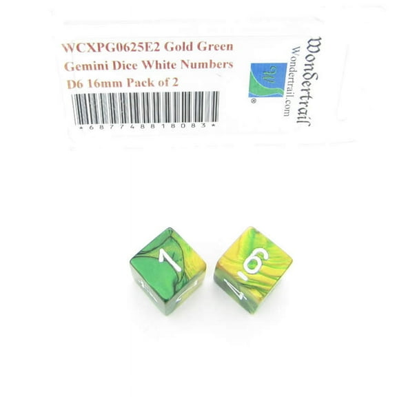 Gold and Green Gemini Dice with White Numbers D6 Aprox 16mm (5/8in) Pack of 2 Wondertrail