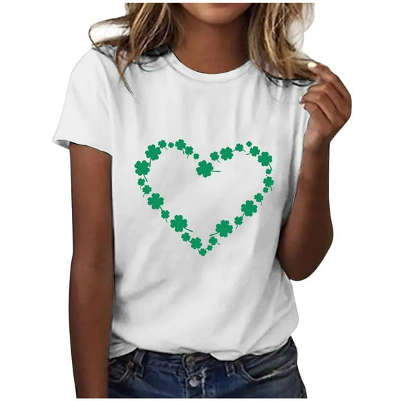 LUOGENLI Female T-shirts for Womens Women's Round Collar Casual T Shirts with Stpatricks Day Four Leaf Print T-shirts for Women Graphic Tee Funny St. Patrick's Day White L