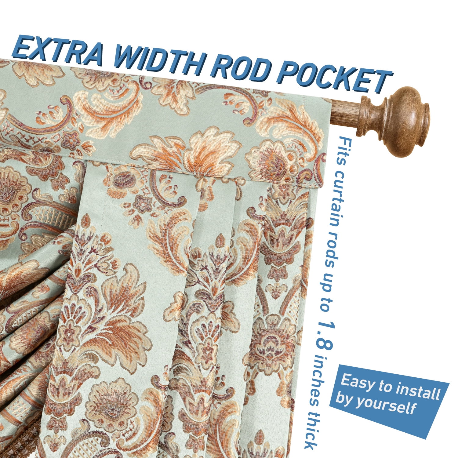 VOGOL Sky Blue Damask Valance, Baroque Swag Curtains with Beaded Trim, 59x43 Inches for Bedroom