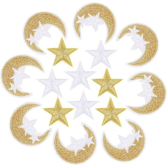 100 Pcs 3 Styles Moon Star Embroidered Patch Iron on Sew on Patches Appliques Costume Accessories for Clothes Jeans Jackets Hats Bags Backpacks Shoes Decorations 28~38x29~34mm