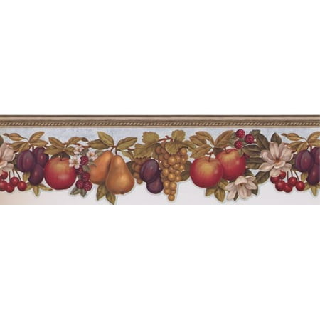 - York Wallcoverings 15' L x 6.25'' W Fruits Apple Pear Plum Grapes Cherry Raspberry Flowers on Vine Beautiful Retro Design Wallpaper Border