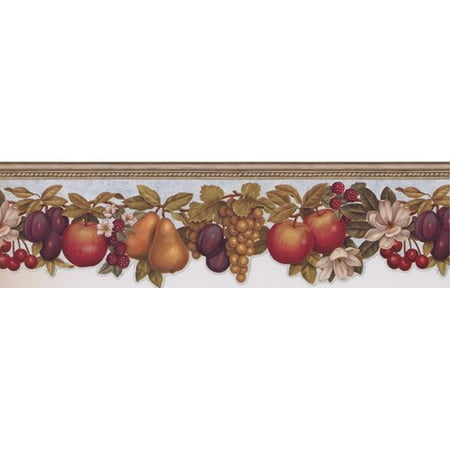 York Wallcoverings 15' L x 6.25'' W Fruits Apple Pear Plum Grapes Cherry Raspberry Flowers on Vine Beautiful Retro Design Wallpaper