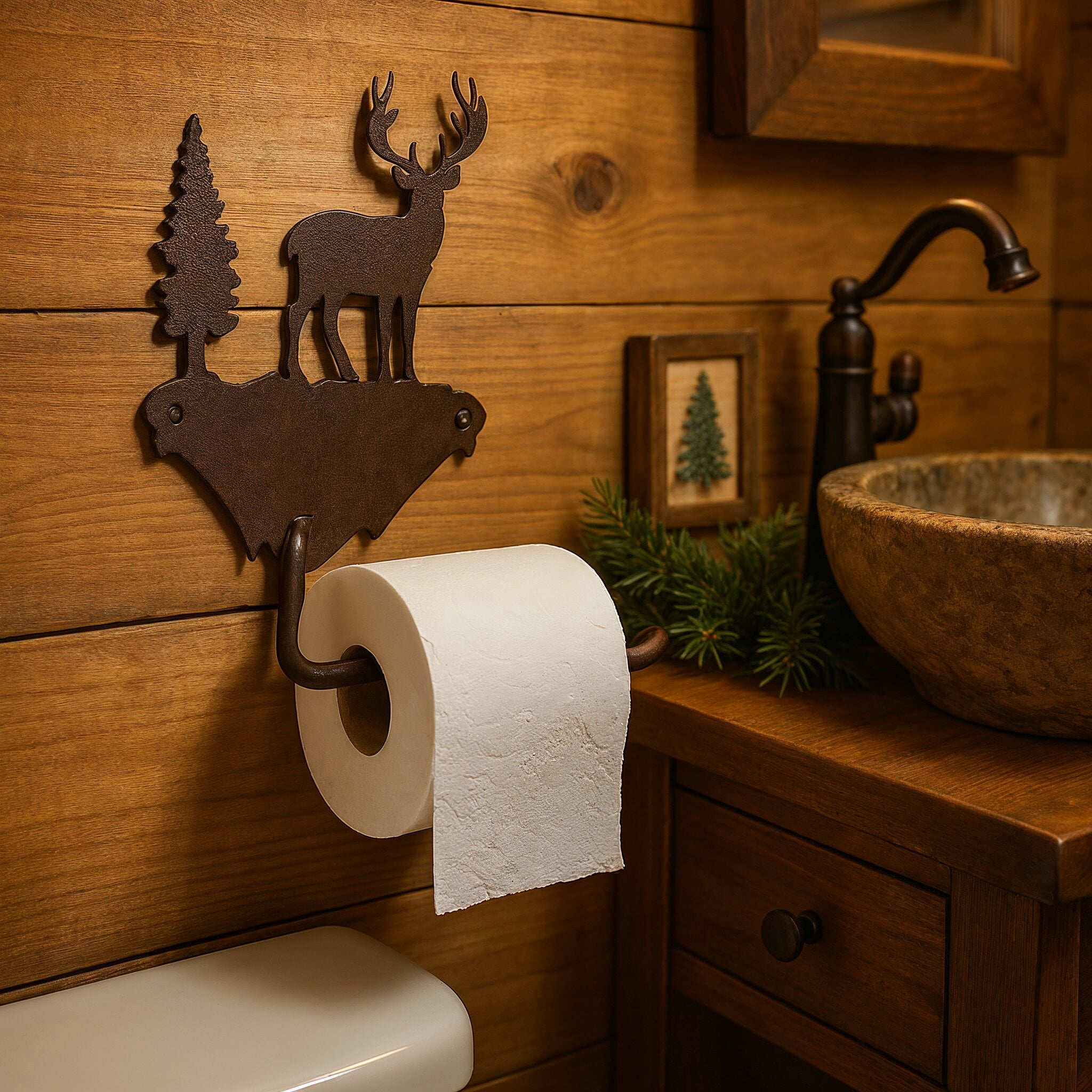Rustic Toilet Paper Holder Wall Mount – Deer Design Bronze Metal for Farmhouse Cabin Decor