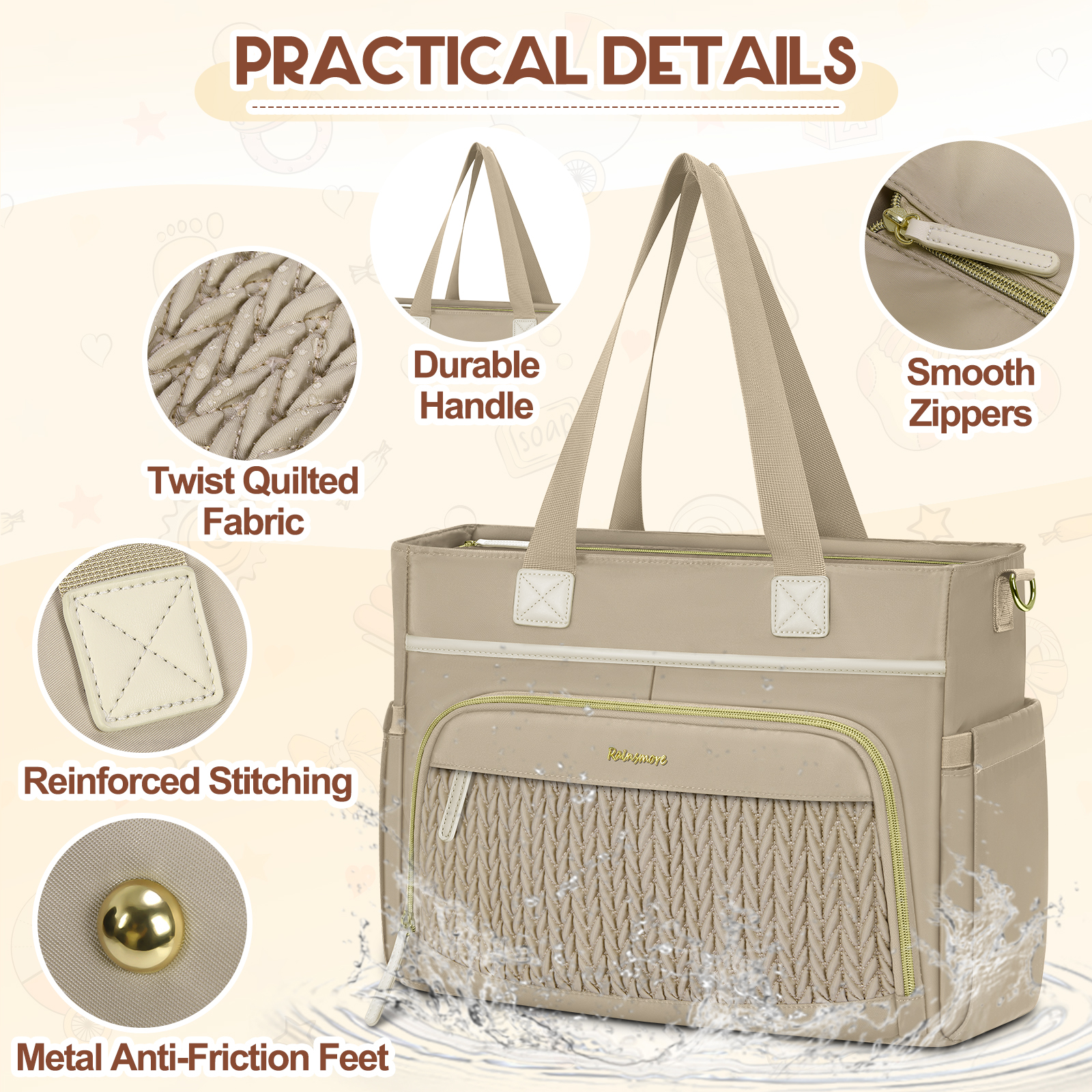 RAINSMORE Diaper Bag Tote, Large Diaper Baby Bag Waterproof Multifunctional Diaper Bag with Pacifier Case & Changing Pad