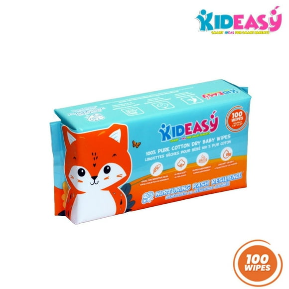 Lingettes sèches pour bébé | 100 % pur coton |Utilisez-les sèches ou humides | Sans parfum, sans produit chimique | Renforcer la résilience cutanée (Paquets de 100 lingettes) KidEasy Lingettes sèches-100 P