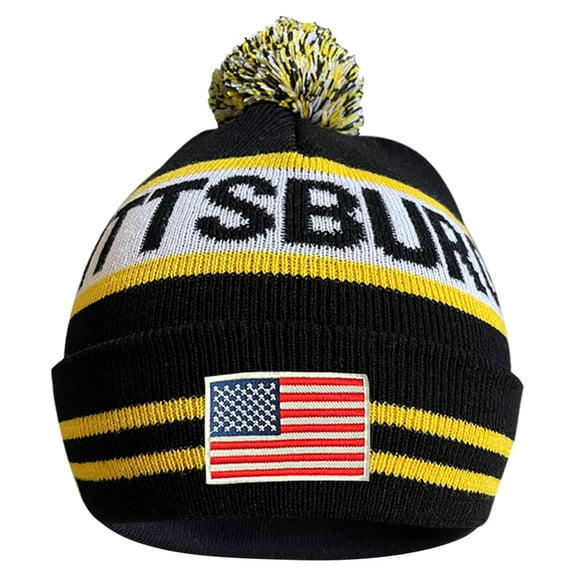Aihccy US Flag Pittsburgh City Sport Embroidery Classic Pom Cuff Pittsburgh Beanie Hat Cuffed Winter Hat Knit Toque Skull Cap Black