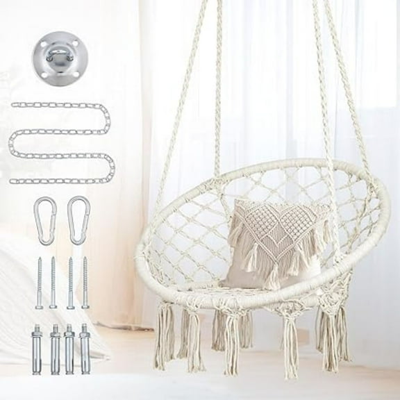 Hammock Chair Swing with Hardware Kits, Handmade Knitted Hanging Chair for Bedroom,Indoor,Outdoor, Balcony, Yard, Porch- 265 Pound Capacity -29.53" L x 29.53" W x 45.28" H