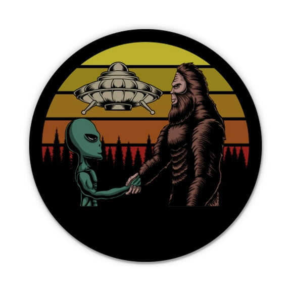 Bigfoot and Alien Funny UFO Woods Conspiracy - 3" Vinyl Sticker - For Car Laptop Water Bottle Phone - Waterproof Decal